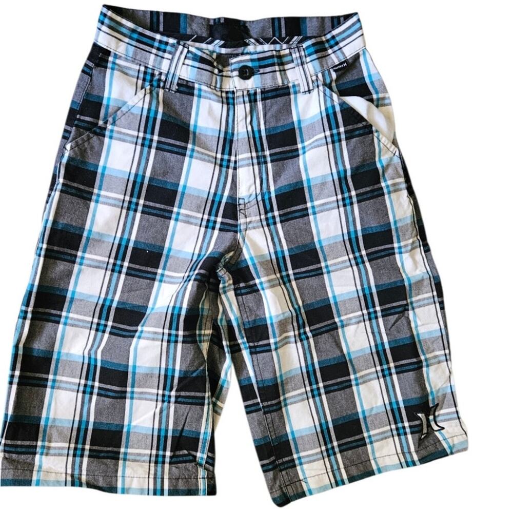 Hurley Boys Plaid Chino Shorts Blue Black White Skate Surf Size 12